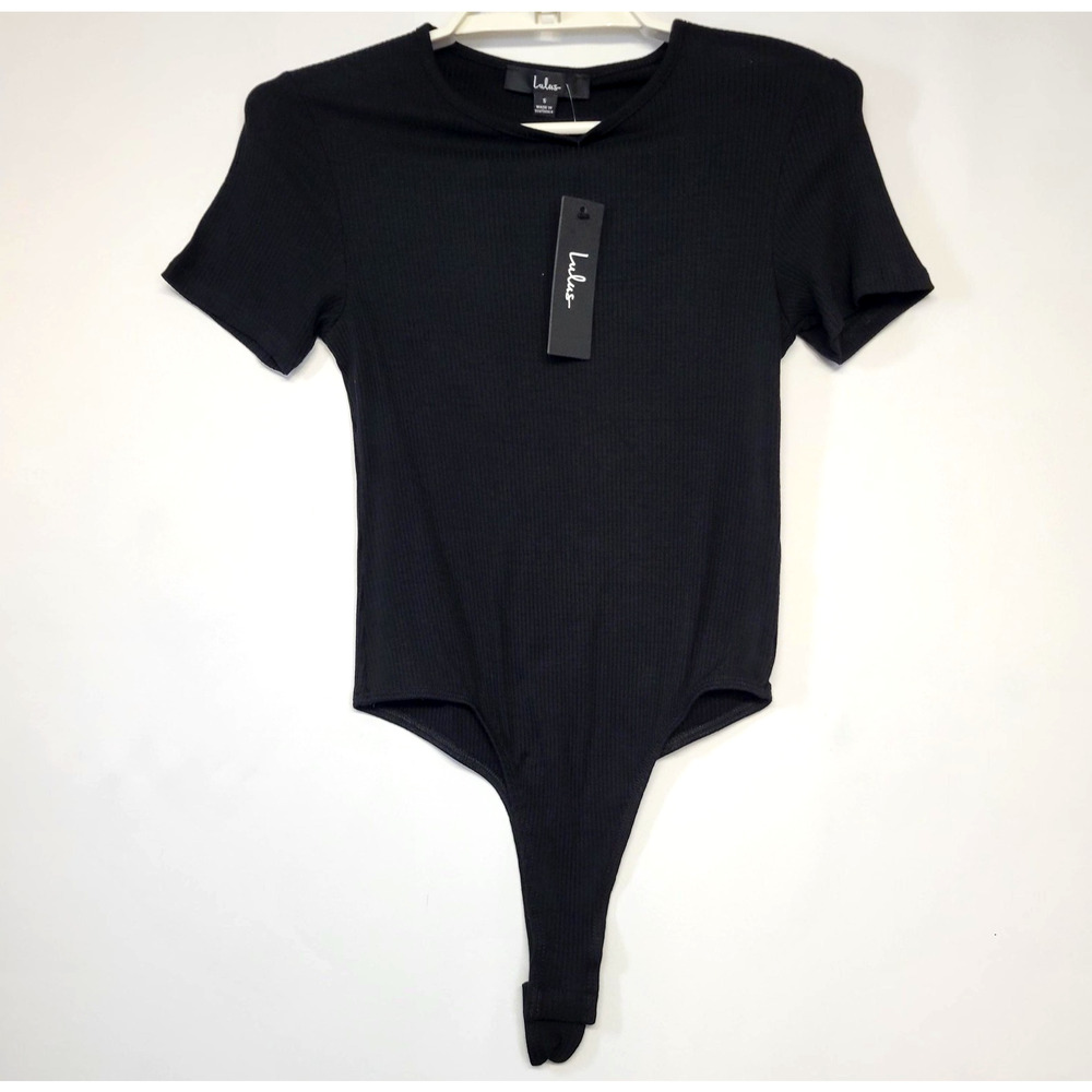 New Lulus Bodysuit Womens S Black Ribbed Knit Short Sleeve Stretch One Piece